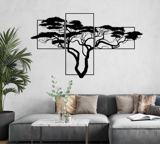 BT Home - 3 stuks XL Acacia Levensboom modern deco muurdecoratie - Wanddecoratie - Zwart - Houten art - Muurdecoratie - Line art - Wall art - Bohemian - Wandborden - Woonkamer