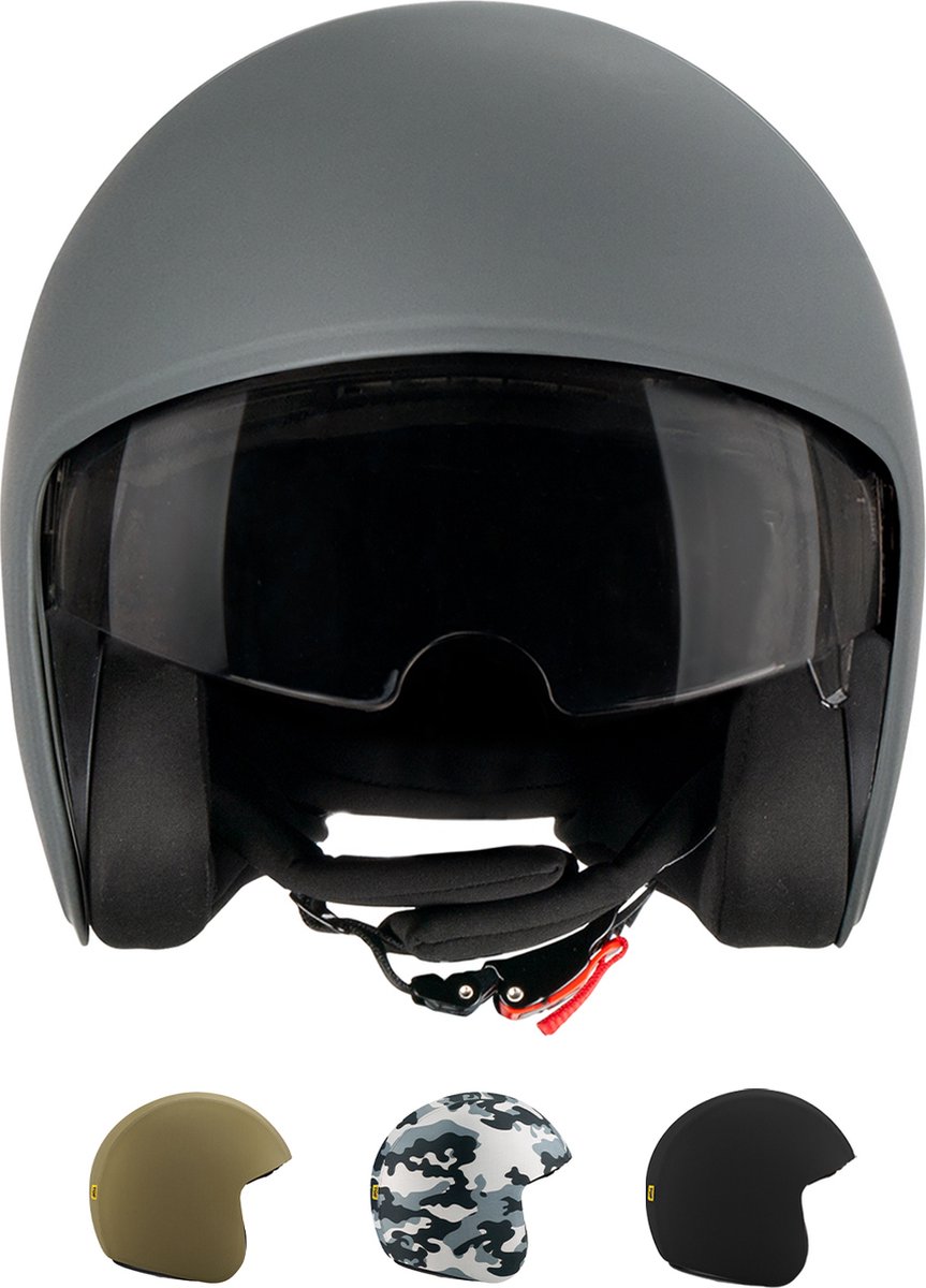 TOF BASE HELM 1.0 - Geschikt voor verwisselbare TOF SKIN - Scooter helm - Brommer helm - Motor helm - Jethelm - Fashionhelm - Retro helm - Goedgekeurde helm - Geïntegreerd zonnevizier