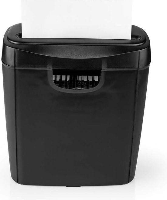 Zwarte StayPowered papierversnipperaar met een papierinvoer bovenaan.
