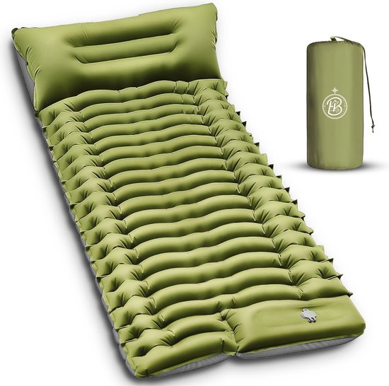 Foto: Kochar slaapmat zelfopblazend slaapmat met ingebouwde voetpomp hoofdkussen extra groot formaat camping matras slaapmatje groen