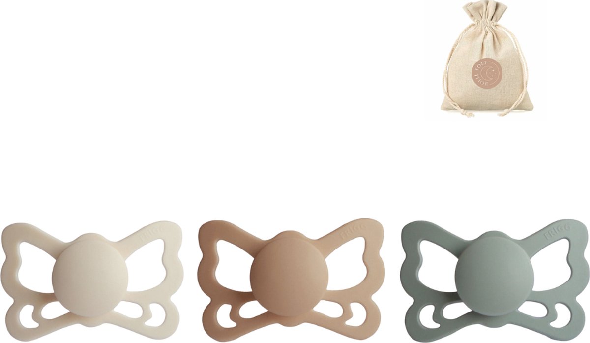 Goedkoopste Frigg butterfly spenen siliconen anatomisch T2 (6-18 maanden) speenzakje - Cream, sage en silky satin - fopspenen