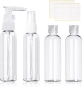 4-Pack 100ML Clear Travel Bottle Set, Spray Flessen, Hervulbare Vloeibare Containers voor Lotion, Body Wash, Shampoo met 2 stuks etiketten