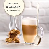 Theeglazenset – premium kwaliteit – luxe glazen koffie 6x 300ml + 6 Lepels