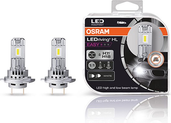 Een OSRAM LEDriving HL EASY verpakking en twee zilverkleurige LED koplampen met gele LED-chips.