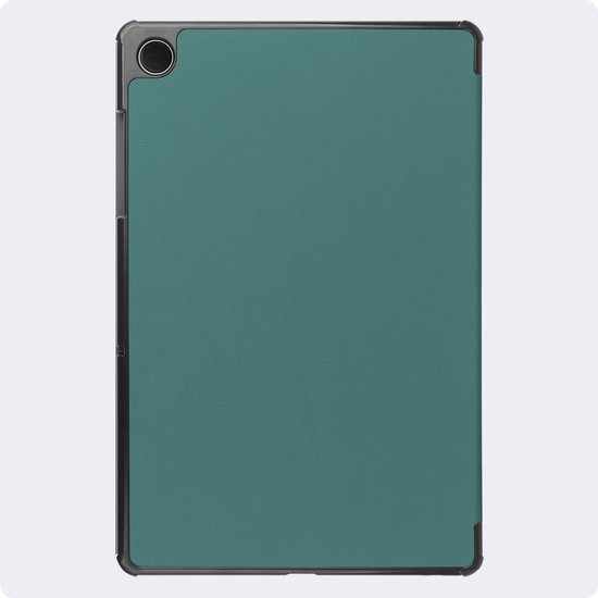 Étui pour tablette vert foncé avec cadre noir et découpes pour appareil photo.