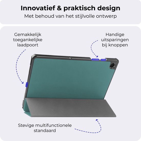 Étui pour tablette vert foncé avec découpes pratiques pour les boutons, port de charge et support robuste.