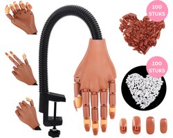Oefenhand voor nagels - gratis 200 nepnagels (wit en bruin) - Nailtrainer hand - Gellak oefenhand - Acryl oefenhand - Nepnagels - Gelnagels - Abs Manicure oefenhand - Flexible hand - Tafelklem-Nagelstudio - Nailart - Beginner oefenhand -Nagelstyliste