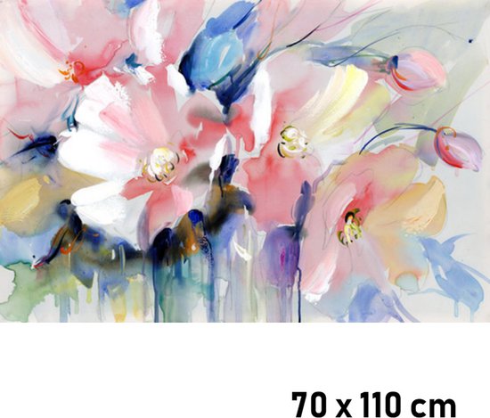 Allernieuwste.nl® Canvas Schilderij Bloemen Compositie in Rose en Blauw - Kunst aan je Muur - Modern - kleur - XL 70 x 100 cm