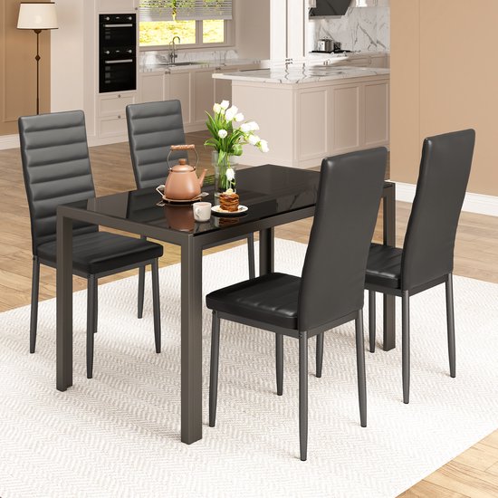 Bealife TB40D Eettafel met 4 Stoelen Set-Eettafel en Stoelen voor 4 Personen- Set met Eettafel en Stoelen voor Keuken, Eetkamer en Woonkamer -120x70x75cm-Zwart