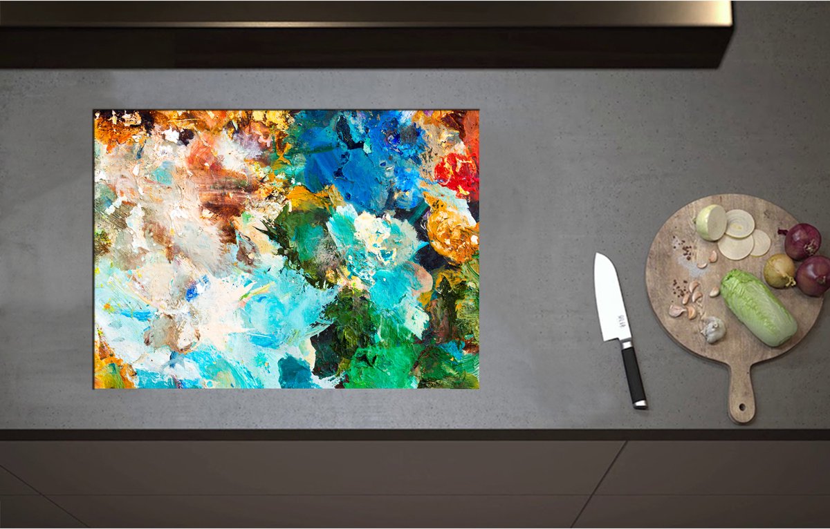 Inductieplaat Beschermer - Abstrcat Kunstwerk van Verschillende Kleuren Verf op Schilderij - 70x51 cm - 2 mm Dik - Inductie Beschermer - Bescherming Inductiekookplaat - Kookplaat Beschermer van Zwart Vinyl