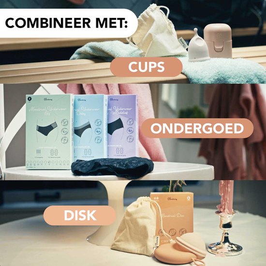 Trois sections avec des produits à combiner : 'CUPS' avec des coupes menstruelles, 'SOUS-VÊTEMENTS' avec des emballages et des culottes, 'DISK' avec un disque menstruel.