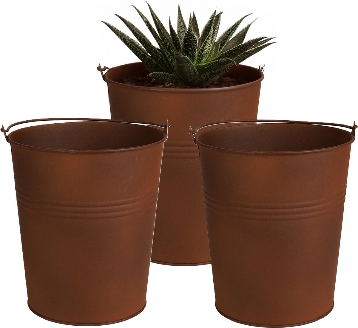 Goedkoopste Sunnydays Emmer/plantenpot/bloempot - 3x - zink - roestbruin - D13 x H14 cm