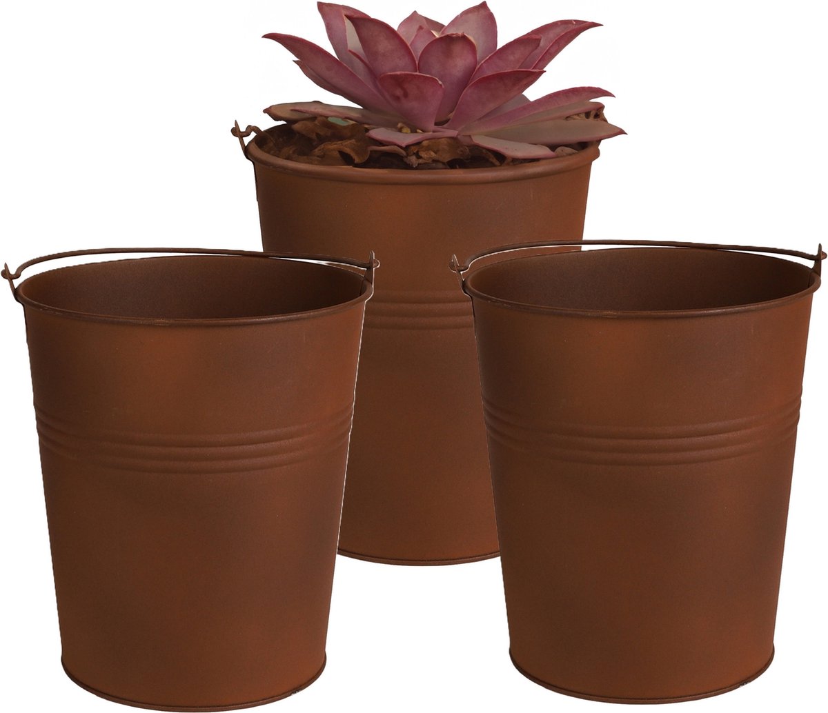 Goedkoopste Sunnydays Emmer/plantenpot/bloempot - 3x - zink - roestbruin - D20 x H22cm