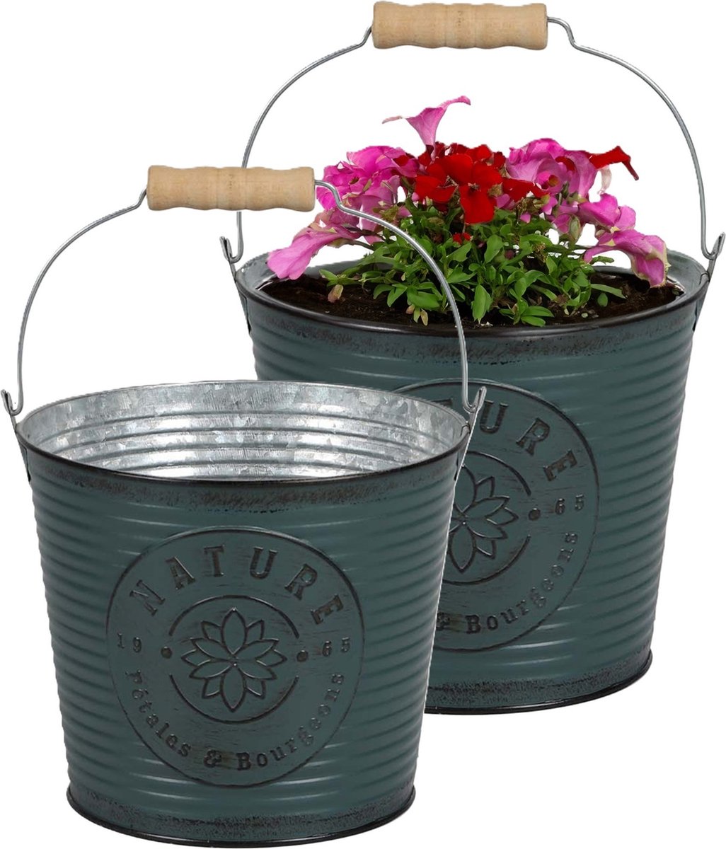 Goedkoopste Sunnydays Emmer/plantenpot/bloempot - 2x - zink - petrolblauw - D23 x H22 cm