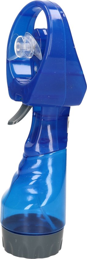 Blauwe waterspray ventilator 27 cm kunststof handventilator met waterverstuiver, werkt op 2 AA batterijen