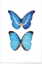JUNIQE - Poster Twee blauwe vlinders -20x30 /Blauw & Wit