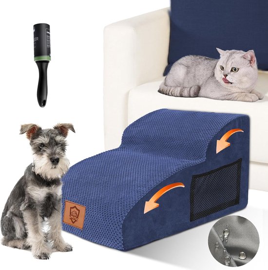 Zvonema ZNM Waterdichte Hondentrap 2 Treden, Huisdiertrap met Wasbare Overtrek, Schuimrubber Kattentrap met Hoge Dichtheid voor Hond en Katten, Afneembare Huisdierladder, 60 Rollen Pluisrollen