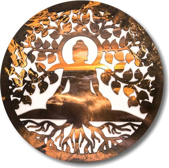 Arnusa Wandsculptuur Blad Met Boeddha - 59x35x10 Cm, Kunststeen, Voor Binnen En Buiten, Grijze Steenlook