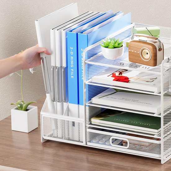 SUPTIDY Bureau-organizer met aktjeshouder, 5-laags mesh papieren brieventray organizer met pennenhouder en lade voor kantoorbenodigdheden, zwart