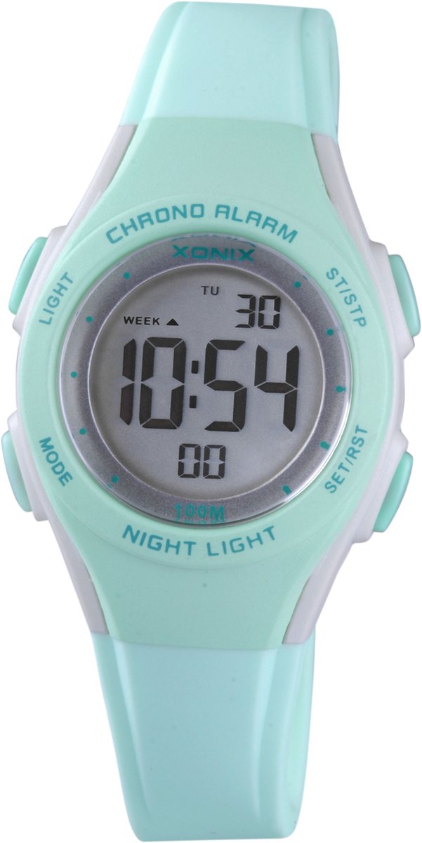 Xonix BAY-A02 - Horloge - Digitaal - Kinderen - Unisex - Siliconen band - ABS - Cijfers - Achtergrondverlichting - Alarm - Start-Stop - Tweede tijdzone - Datumaanduiding - LichtGroen - 10 ATM