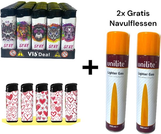 100x Briquets rechargeables - Unilite - Briquet clic de haute qualité - avec imprimé Love / hearts / kiss - avec 2x bouteilles de gaz