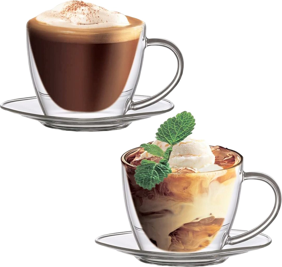 Boral - Mondgeblazen cappuccino, latte macchiato Dubbelwandige kop en schotel met oor - 250 ml - 2 stuks