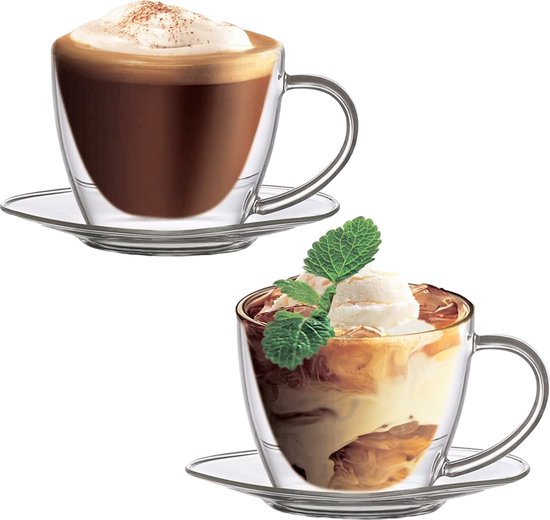Boral - Cappuccino soufflé bouche, latte macchiato Tasse à double paroi et soucoupe avec anse - 250 ml - 2 pièces