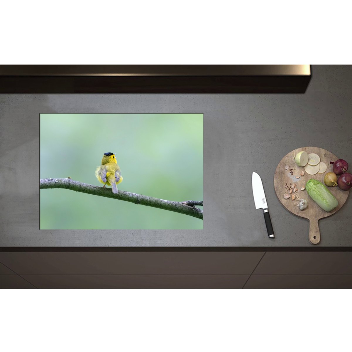Inductieplaat Beschermer - Achteraanzicht van Zingend Geel Wilsons Vogeltje op een Tak - 70x50 cm - 2 mm Dik - Inductie Beschermer - Bescherming Inductiekookplaat - Kookplaat Beschermer van Zwart Vinyl