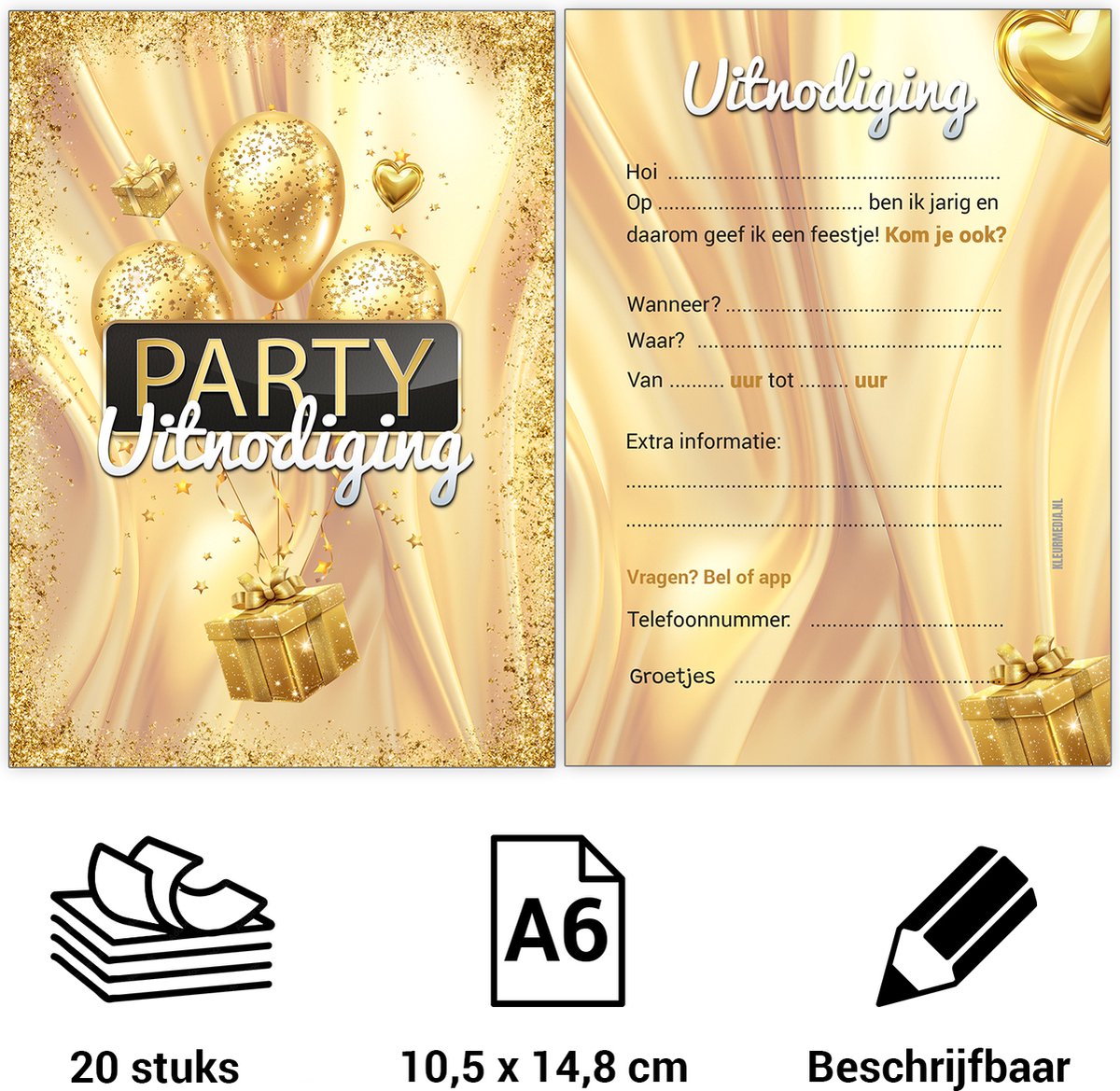 Uitnodiging kinderfeestje - Gold - Voordeelset 20 stuks - Beschrijfbaar - Uitnodigingskaarten - Uitnodiging verjaardag - uitnodiging verjaardag feest - Uitnodiging kinderfeestje Jongen of Meisje - Uitnodigingen