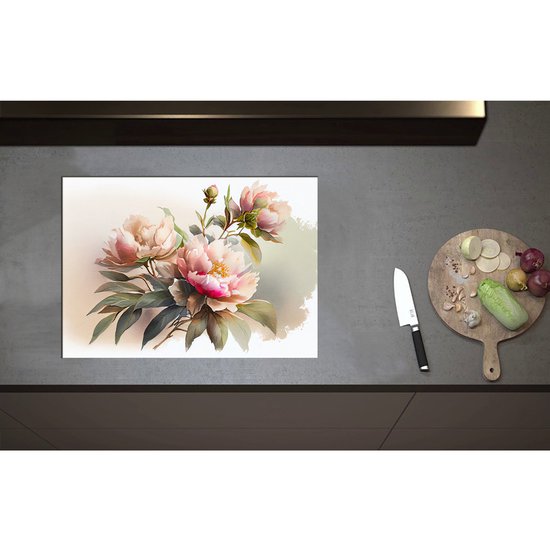 Inductieplaat Beschermer - Aquarel Tekening van Roze Bloemenboeket - 70x50 cm - 2 mm Dik - Inductie Beschermer - Bescherming Inductiekookplaat - Kookplaat Beschermer van Wit Vinyl
