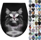 Toiletbril met softclose-mechanisme, Duroplast toiletdeksel, toiletdeksel met snelsluiting, toiletbrilmontage van bovenaf, toiletbril met motief (Cool Cat)