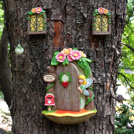 Foto: Miniatuur fee tuindeur tuin sprookjestuin standbeelden fee tuin accessoires decoratie boom gezicht buiten decoratie tuin kunst sculptuur standbeelden cadeau tuindecoratie figuren