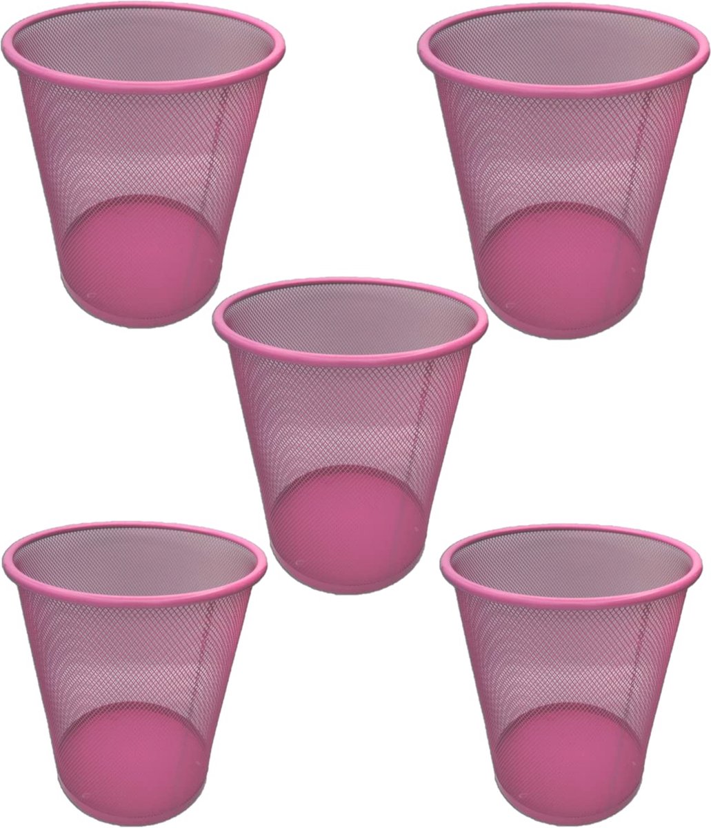 Goedkoopste Prullenbak, kantoorafvalbak, rond, vuilnisbak, roze, metalen rooster, 5 stuks, 27 x 24 cm