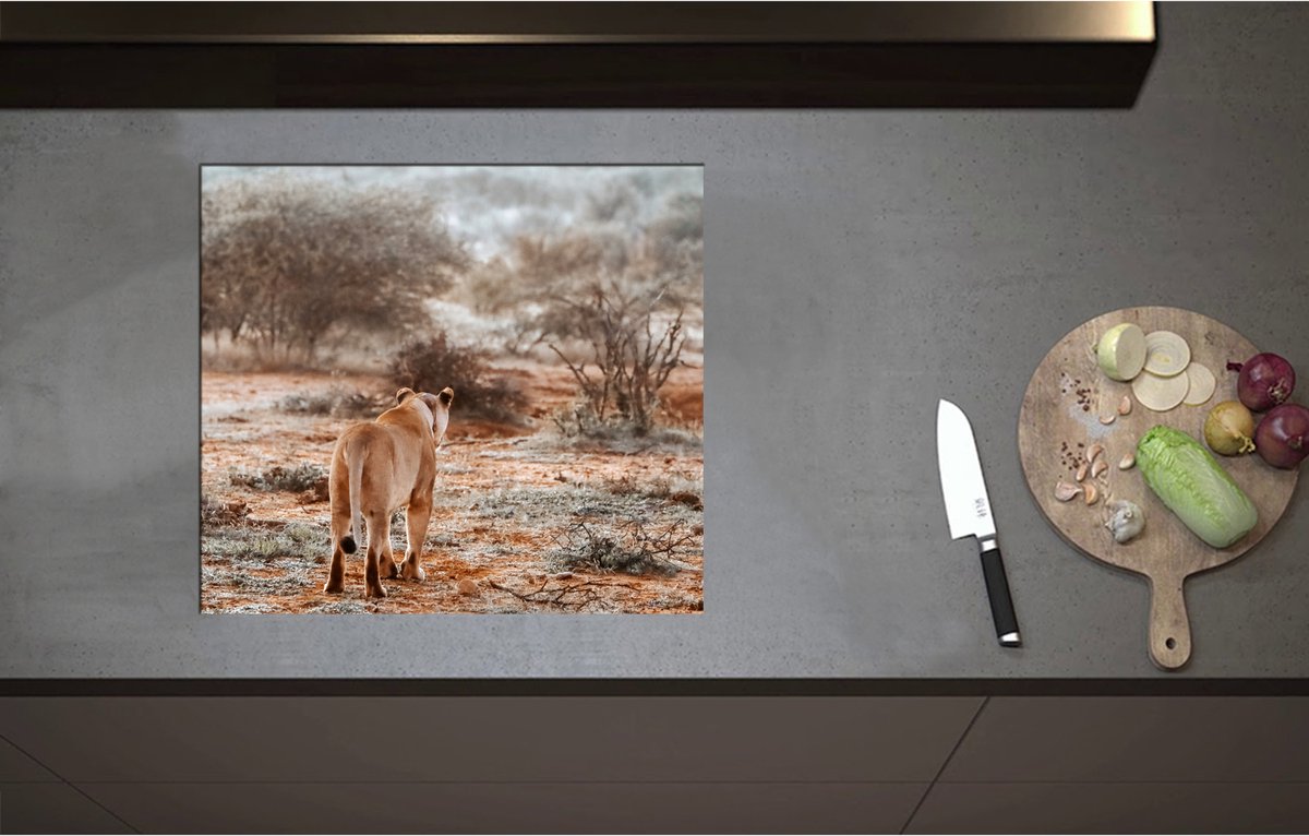 Inductieplaat Beschermer - Achteraanzicht van Sluipende Leeuw in Afrikaans Landschap - 58x52 cm - 2 mm Dik - Inductie Beschermer - Bescherming Inductiekookplaat - Kookplaat Beschermer van Zwart Vinyl