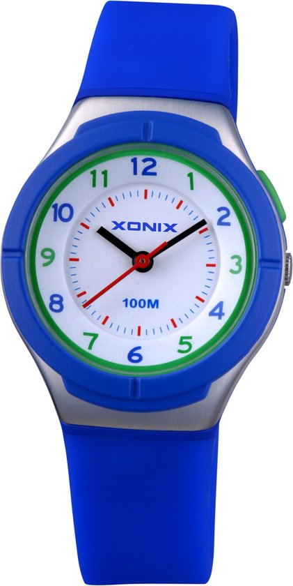 Xonix ABP-004 - Horloge - Analoog - Kinderen - Unisex - Siliconen band - ABS - Cijfers - Waterdicht - Blauw - Zilverkleurig - Groen - 10 ATM