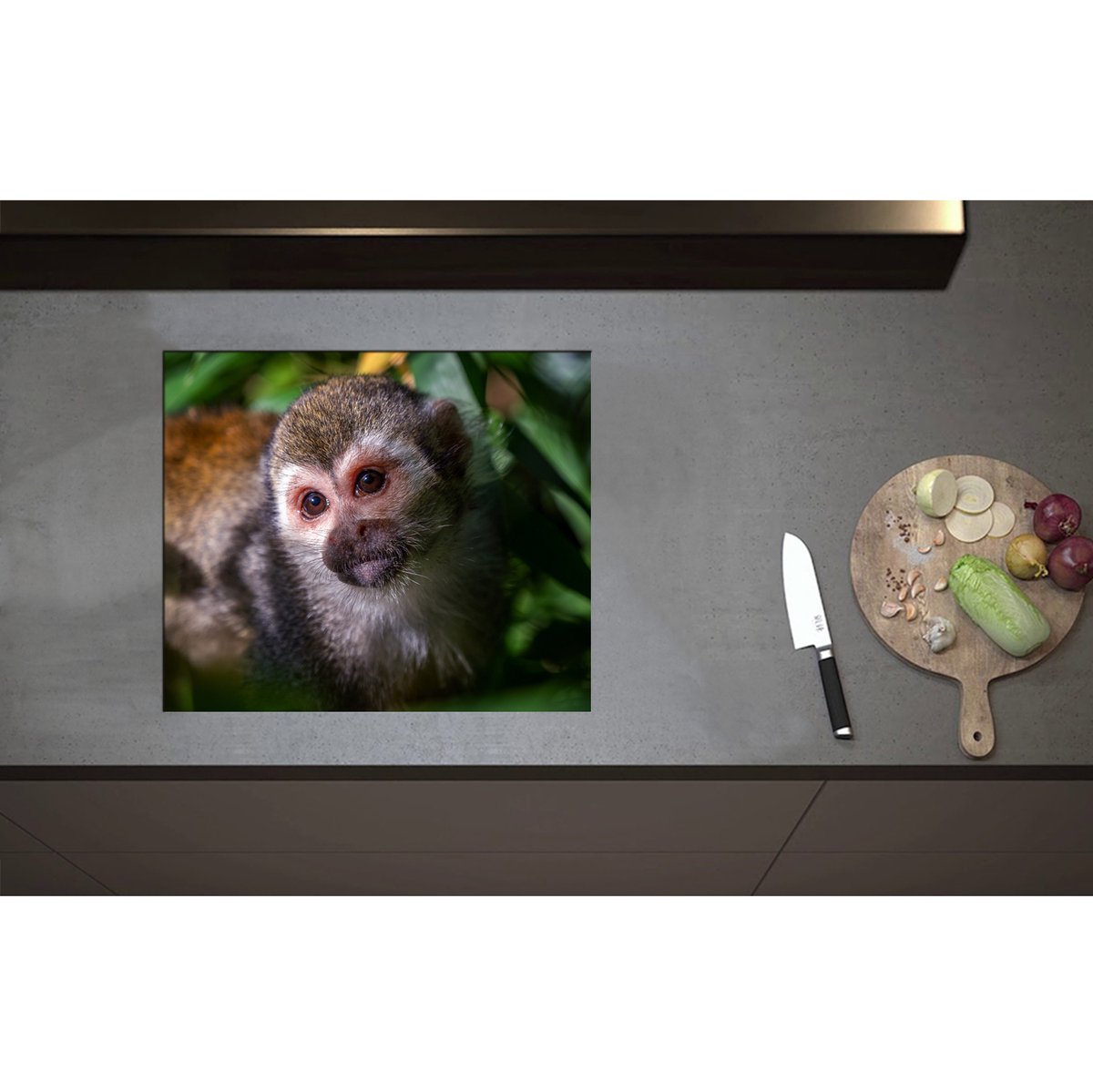 Inductieplaat Beschermer - Aankijkende Eekhoorn Aap tussen de Groene Begroeiing - 59x50 cm - 2 mm Dik - Inductie Beschermer - Bescherming Inductiekookplaat - Kookplaat Beschermer van Wit Vinyl