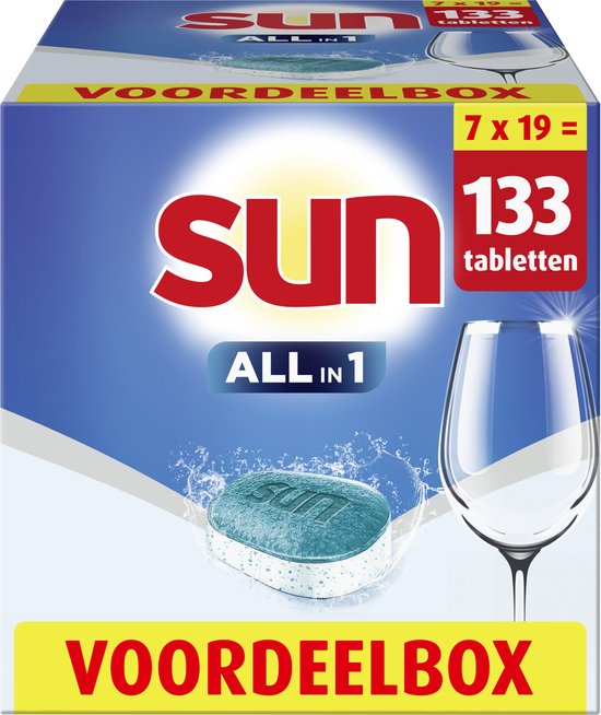 Foto: Sun vaatwascapsules all in 1 normaal reinigt en beschermt pannen in je machine 7 x 19 vaatwastabletten voordeelverpakking