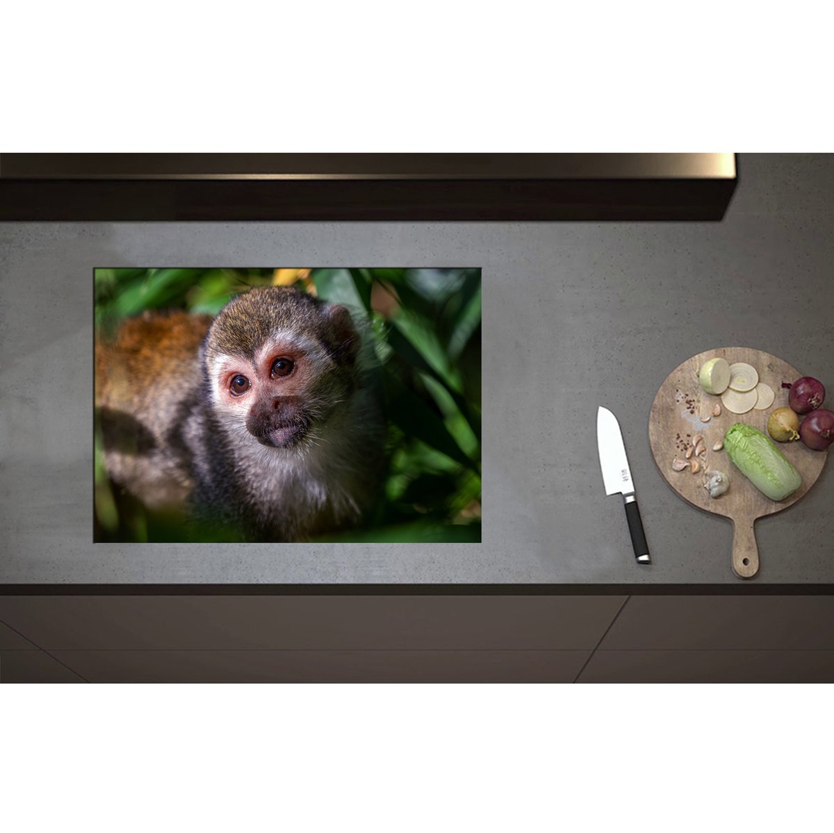 Inductieplaat Beschermer - Aankijkende Eekhoorn Aap tussen de Groene Begroeiing - 70x50 cm - 2 mm Dik - Inductie Beschermer - Bescherming Inductiekookplaat - Kookplaat Beschermer van Wit Vinyl