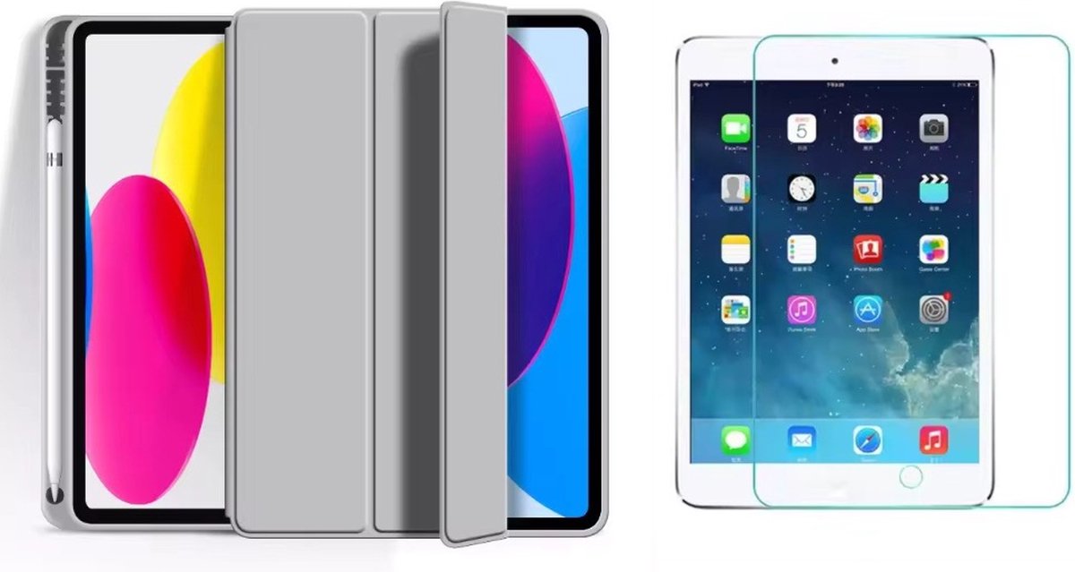 Techgrip - Tablet Hoes Geschikt voor iPad Air 3 Inclusief 9H HD Screenprotector Beschermglas - 10.5 inch Smart Cover Tablet hoes met Aan en Uit functie - Bookcase hoes met styluspen opbergvak Grijs