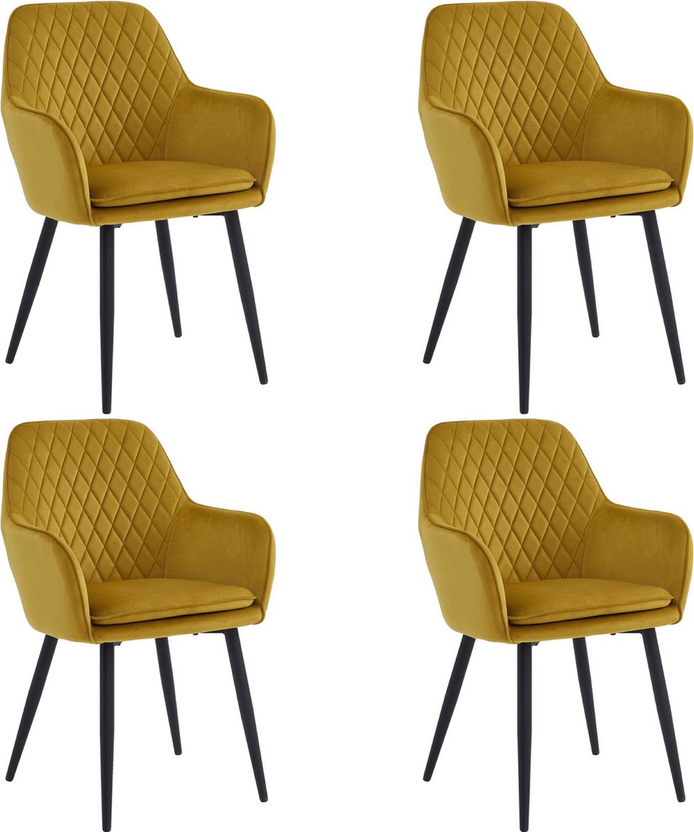 Colenis Laura Eetkamerstoel - Set Van 4 - Okergeel - Velvet - Design - Industrieel - Met armleuning