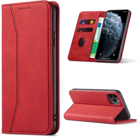 Étui de téléphone en similicuir rouge avec un téléphone, des cartes de crédit et un billet de 100 euros.