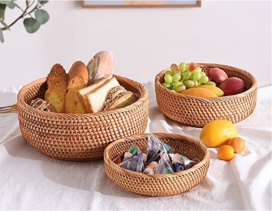 Rotan Ronde Fruitmand, Rieten Opslagschaal, Natuurlijke Geweven Mand Kom, Snack Plaat Mand, Keuken Teller Tissue Decoratieve Mand, Set van 3