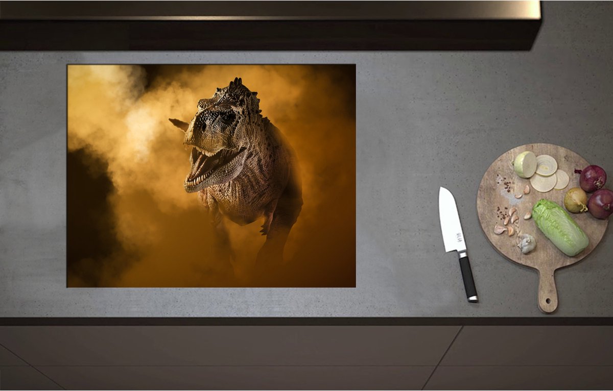 Inductieplaat Beschermer - Angstaanjagend T-rex Dinosaurs vanuit Oranje Mist - 71x55 cm - 2 mm Dik - Inductie Beschermer - Bescherming Inductiekookplaat - Kookplaat Beschermer van Wit Vinyl