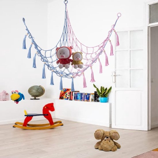 Hamac à Peluches Filet - Rangement Jouets Enfant - Décoration Chambre Rose