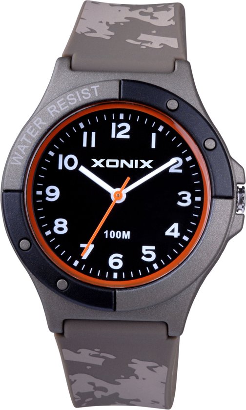 Xonix ABN-105 - Horloge - Analoog - Mannen - Heren - Siliconen band - ABS - Cijfers - Waterdicht - Camouflage Beige/Groen kleur- Zwart - Oranje - Wit - 10 ATM
