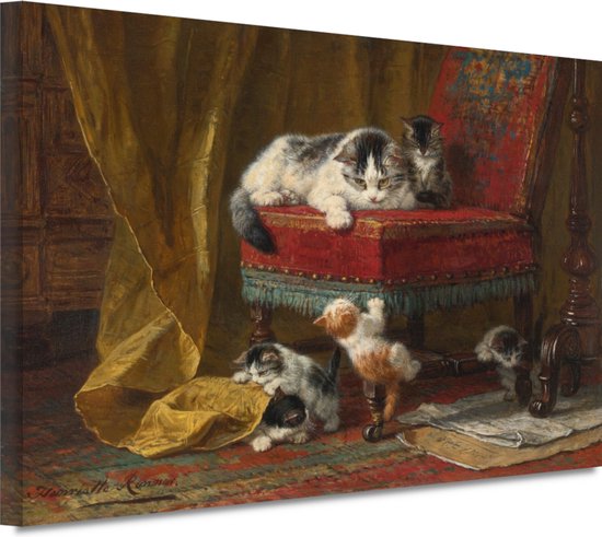 Moeders trots - Henriëtte Ronner-Knip wanddecoratie - Katten schilderijen - Canvas schilderij Dieren - Wanddecoratie kinderkamer - Schilderij op canvas - Muur kunst 70x50 cm