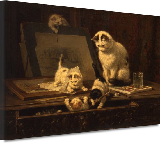 De tekenaars - Henriëtte Ronner-Knip wanddecoratie - Katten schilderij - Canvas schilderijen Dieren - Muurdecoratie klassiek - Muurdecoratie canvas - Slaapkamer muurdecoratie 100x75 cm