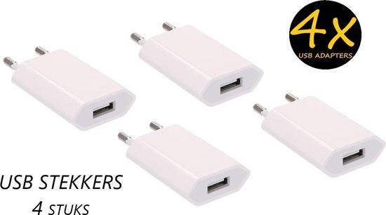 USB adapter - 4 stuks - Oplaad adapter - USB stekker - Reisstekker - Oplaad stekker - Opladen Blokje - USB Lader - Wit - Oplaadstekker - Wereld Stekker
