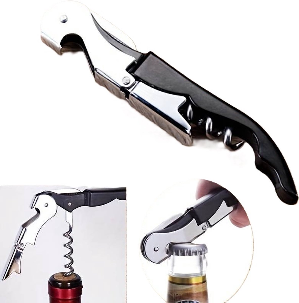 Kelnersmes - waiters friend - flesopener 3 in 1 - zwart