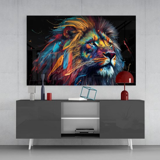 Peinture sur verre Animaux - Lion noblesse - Coloré - Peinture - Décoration murale - 110x70 cm - 4 mm